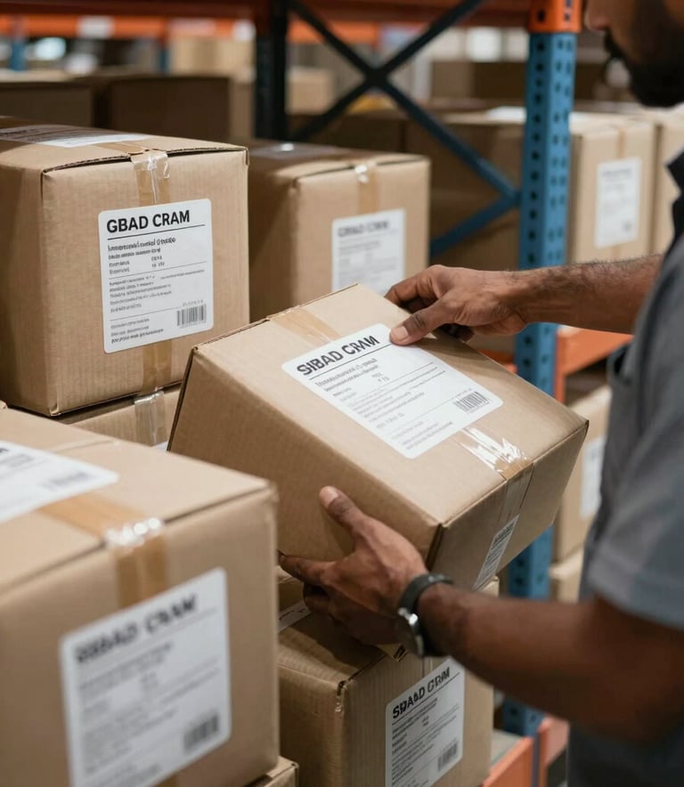 A close-up shot of a well-organized logistics warehouse in India, showing parcels labeled for international destinations with a focus on efficient processing and professional handling.