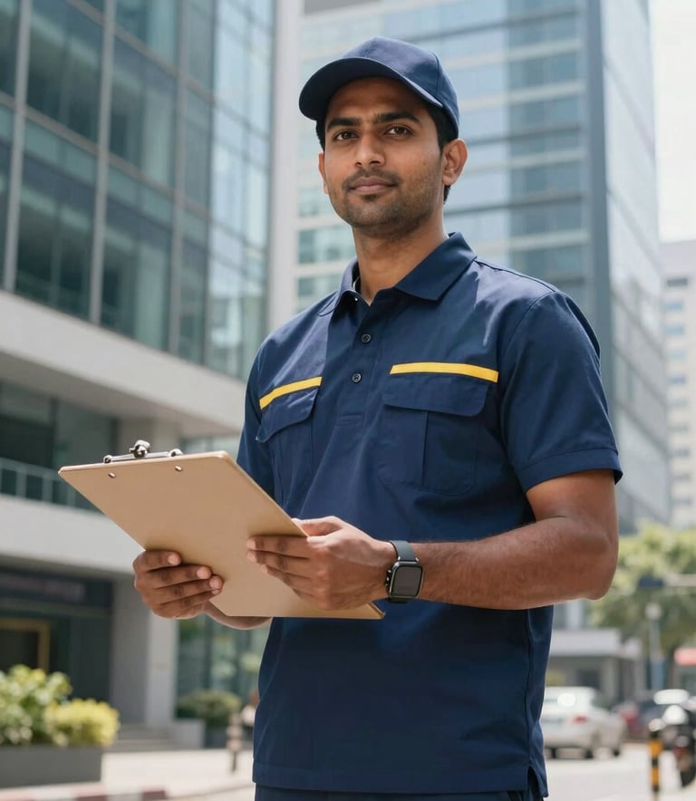 A professional South Asian / Indian courier in a navy blue uniform holding a clipboard and a delivery box, standing confidently in a bright, modern corporate district with steel blue glass buildings in the background.