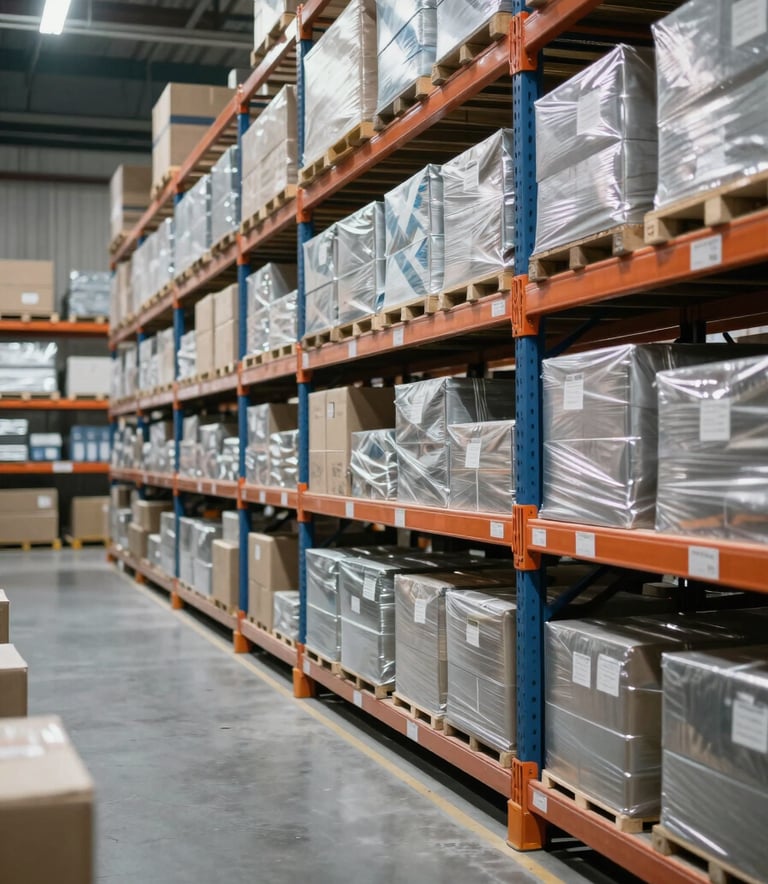 A clean, high-tech logistics warehouse interior in India with organized shelving and packages, soft light filtering through, emphasizing space cadet navy and platinum silver color tones of professional efficiency.