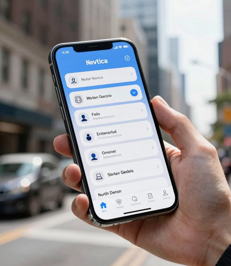 A sleek smartphone being used by a professional in a North American / US city setting, showcasing a clean and modern mobile interface. The lighting is bright and natural, with a hint of Sky Blue in the reflections.
