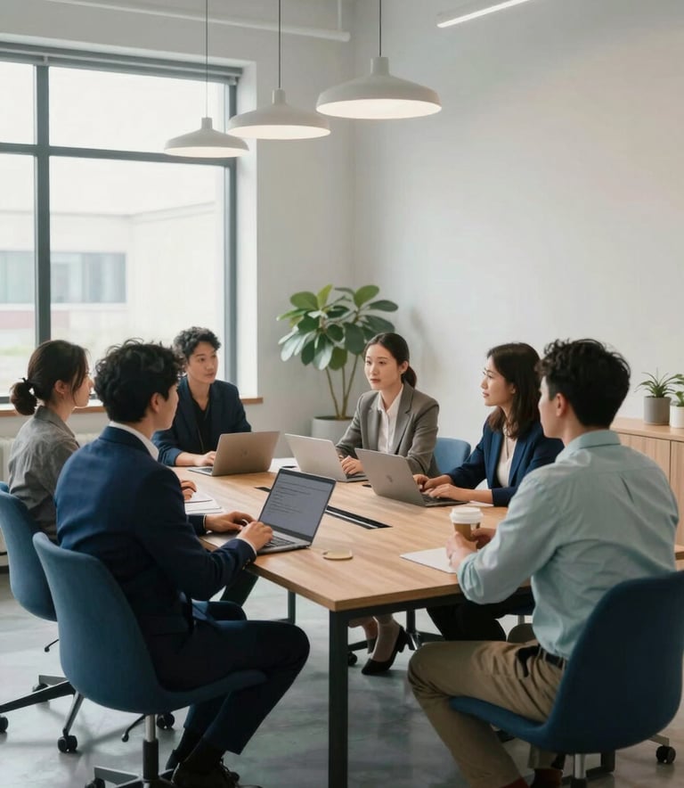 A group of diverse professionals in a modern North American / US co-working space collaborating around a sleek conference table. The room has large windows with soft natural light, minimalist decor, and accents of Deep Blue and Pale Mist.