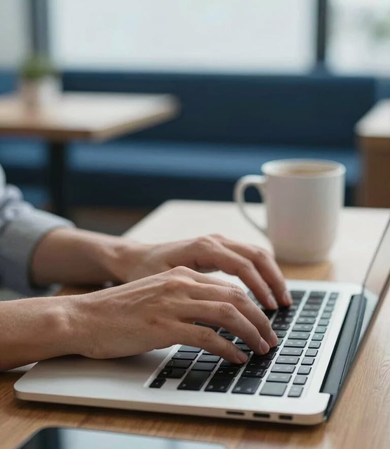 A close-up of hands typing on a high-end laptop in a bright, modern North American / US workspace. A mobile phone and a coffee mug are visible on the desk. The scene is shot with a shallow depth of field, featuring professional lighting with Soft Sky Blue and Dark Navy tones in the background.