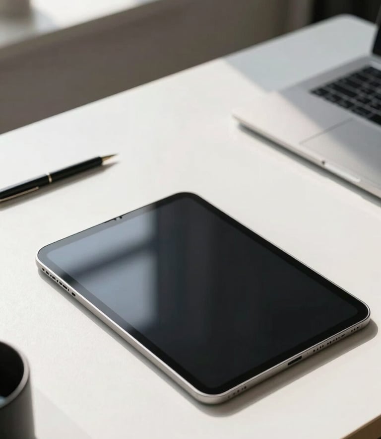 A modern tablet placed on a minimalist desk in a North American / US corporate workspace, surrounded by professional tools and soft morning light hitting Mist White surfaces.