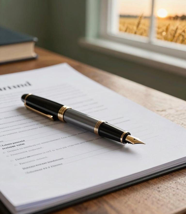 Close-up of a high-quality legal document on an oak desk, with a luxury fountain pen. In the blurred background, a sage green wall and a window showing a golden wheat field at sunset.