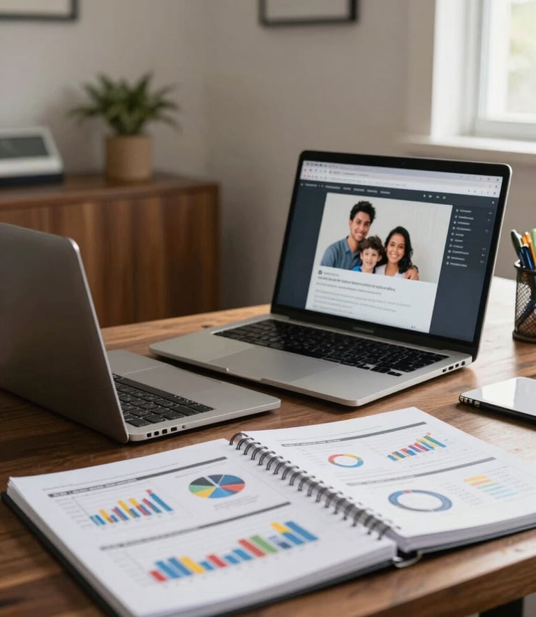 A clean and organized home office in a South American / Brazilian residence, showing a laptop and financial planners, reflecting a personalized family office atmosphere.