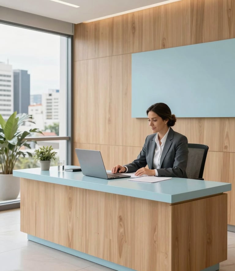 A welcoming and professional family office setting in a South American / Brazilian city, featuring light wood textures and soft pale blue accents. The atmosphere is modern, authoritative, and clean, reflecting personalized care.