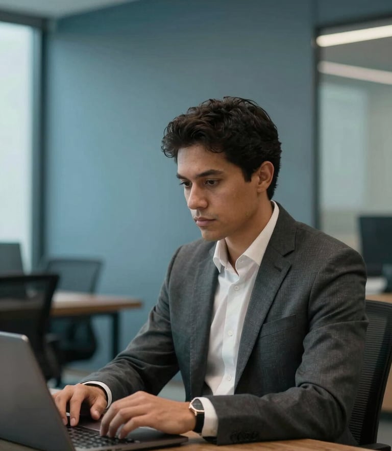 A focused professional in business attire working in a modern South American / Brazilian office. The environment features muted teal blue walls, elegant clean lines, and soft, authoritative lighting that suggests trust and expertise.