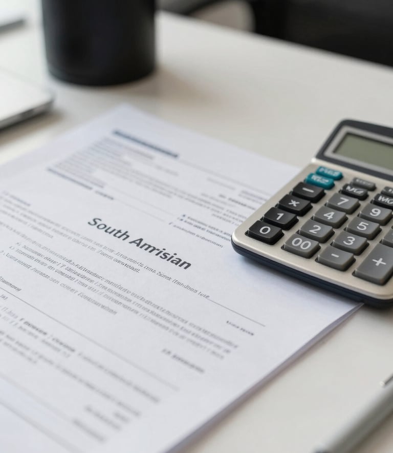 A close-up shot of professional financial documents and a calculator on a clean desk in a modern South American / Brazilian office, with soft lighting and slate blue accents.