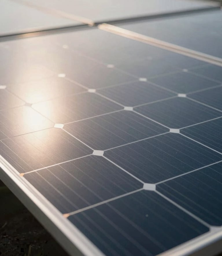A close-up of premium solar panel cells reflecting the soft morning light, highlighting technical precision and modern clean design in a North American setting.