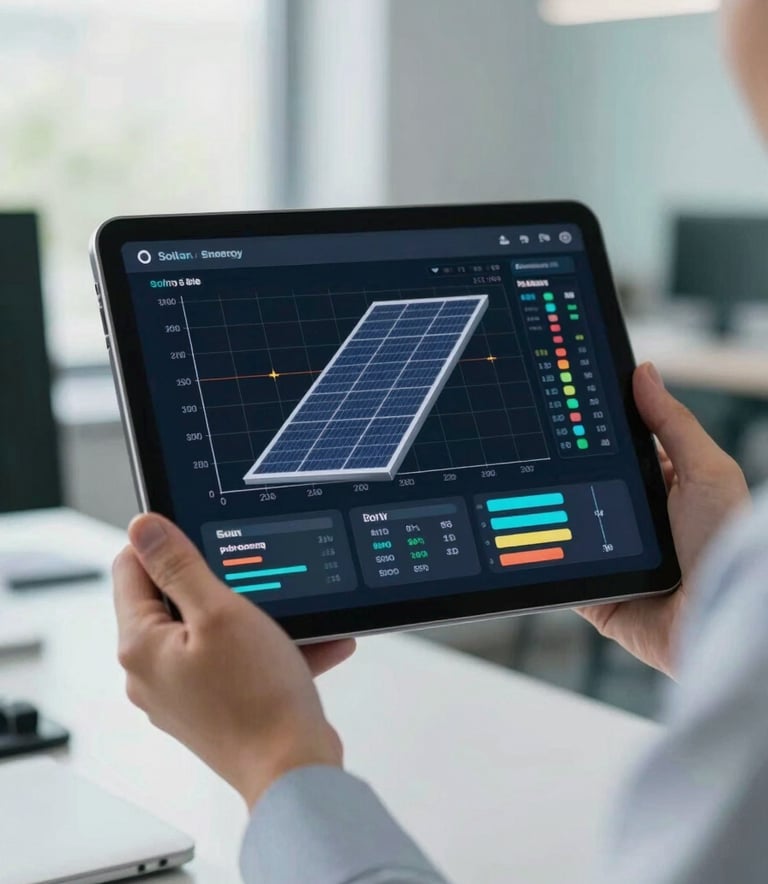 A high-tech digital tablet showing real-time solar energy production graphs, held by a professional in a modern North American / US office setting with bright, natural lighting and teal accents.