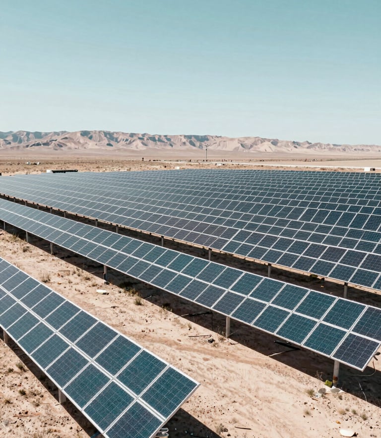 A large-scale solar array in an arid North American valley, bright midday sun, rows of panels stretching toward the horizon. Professional photography with clean lines and teal and off-white tones.