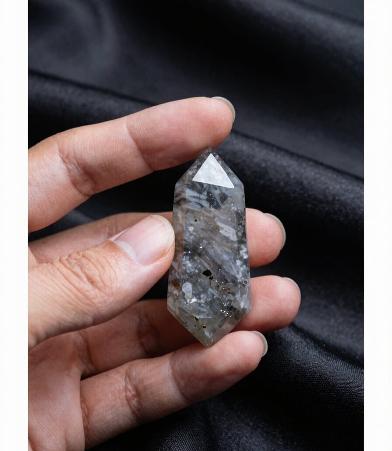 A focused shot of a hand holding a cool gray crystal pendant. The background is draped in charcoal black silk, illuminated by soft mist gray highlights that emphasize the textures of the stone and fabric.