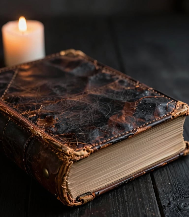 A close-up photograph of an ancient leather-bound tome resting on a soft black wooden surface. A single candle provides dramatic mist gray light, casting deep charcoal black shadows across the weathered pages.