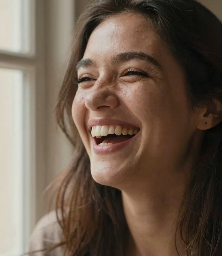 Close-up portrait of a woman laughing genuinely, soft side-lighting from a window, warm earthy tones, shallow depth of field, 35mm