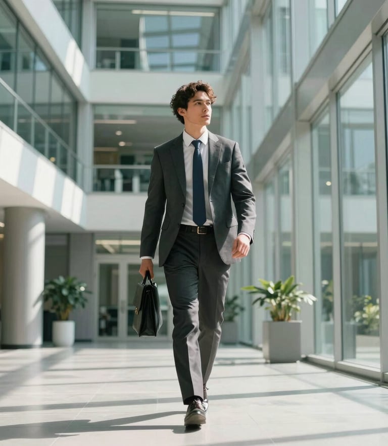 A professional individual in modern attire walking through a sunlit, contemporary glass atrium of a North American office building, representing confidence and movement toward financial goals.
