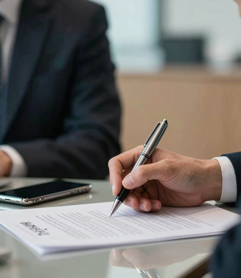 A close-up of a high-end consultation setting in a North American office. A professional hand is holding a modern pen over a document on a polished table next to a smartphone. The background is a blurred, professional environment with soft teal and tan accents.