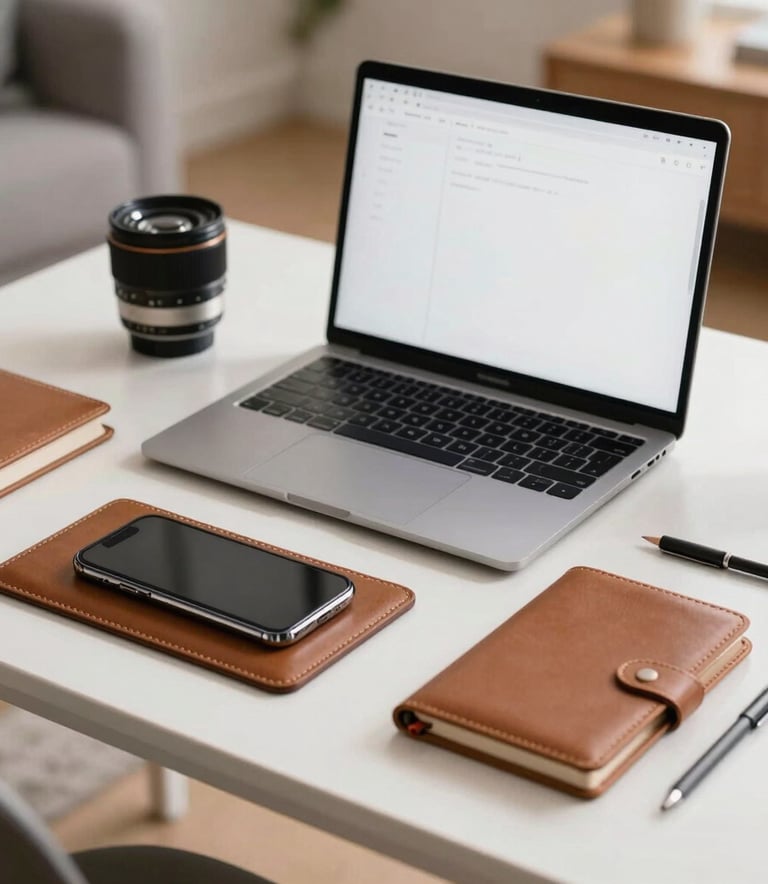 An organized desktop with a smartphone and premium leather stationery on a clean surface in a modern North American living space, capturing a sense of professional organization.