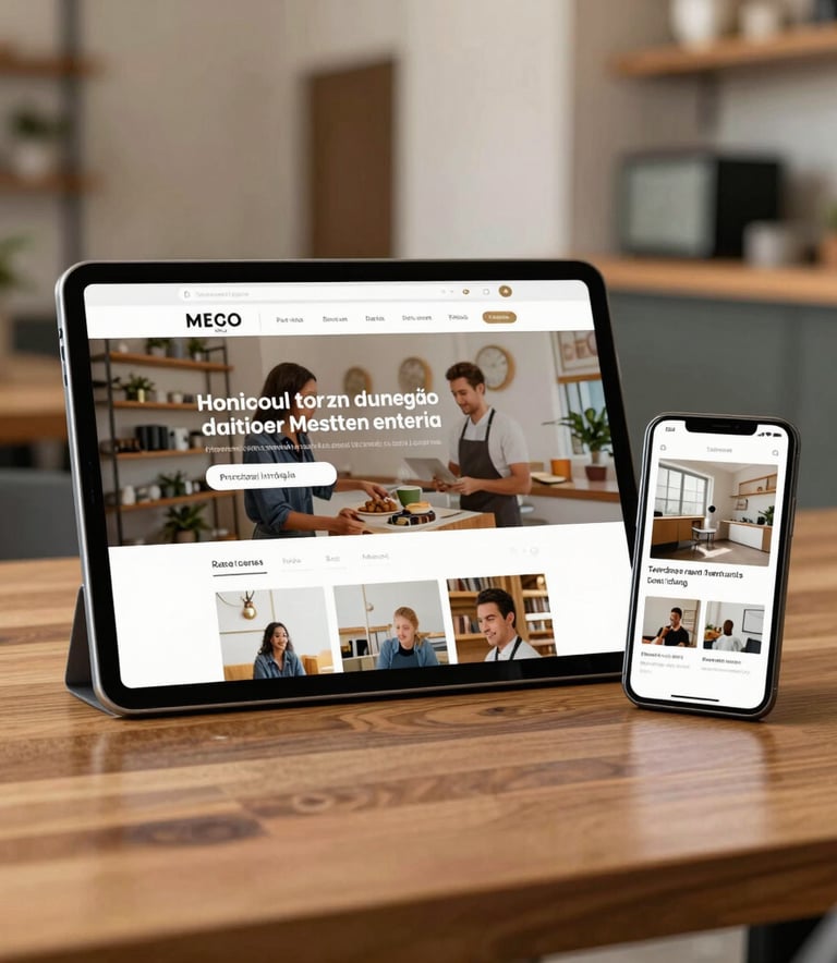 A high-quality lifestyle photograph of a professional website being displayed on both a tablet and a smartphone sitting on a clean wooden desk. The background is a soft-focus Mexican local business interior, showing reliability and modernity.