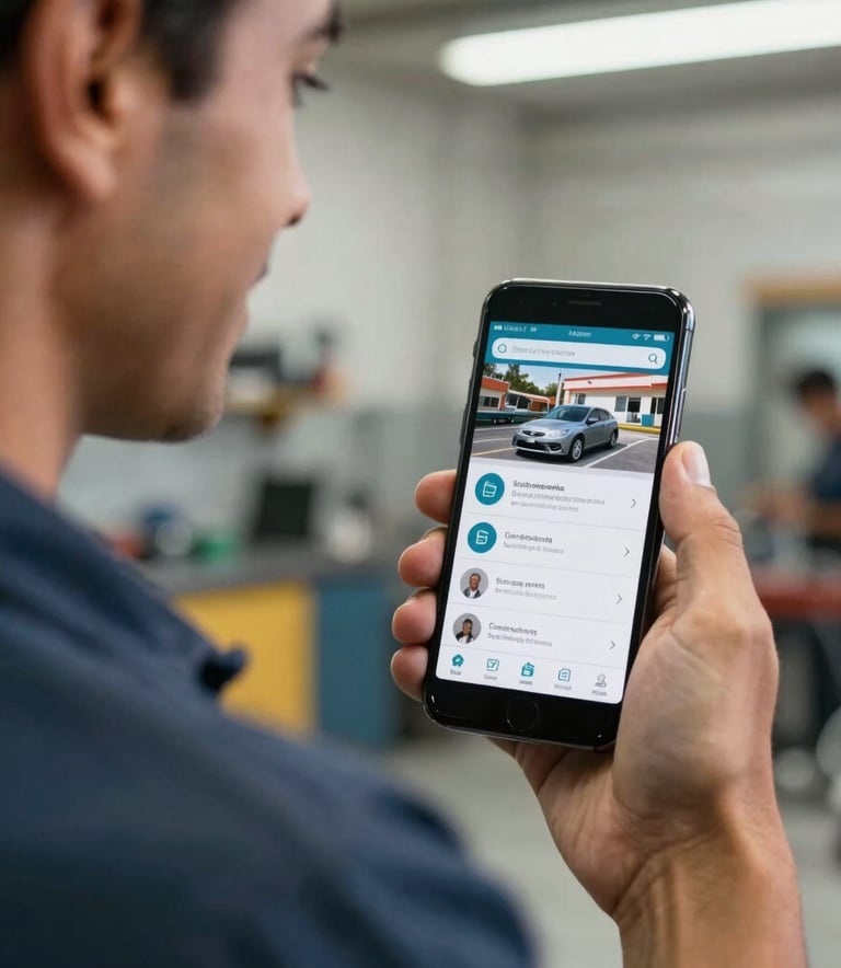 A close-up photograph of a professional Mexican mechanic in a clean workshop, smiling while holding a smartphone, displaying a modern service interface. The lighting is bright and natural, emphasizing a trustworthy and accessible atmosphere.