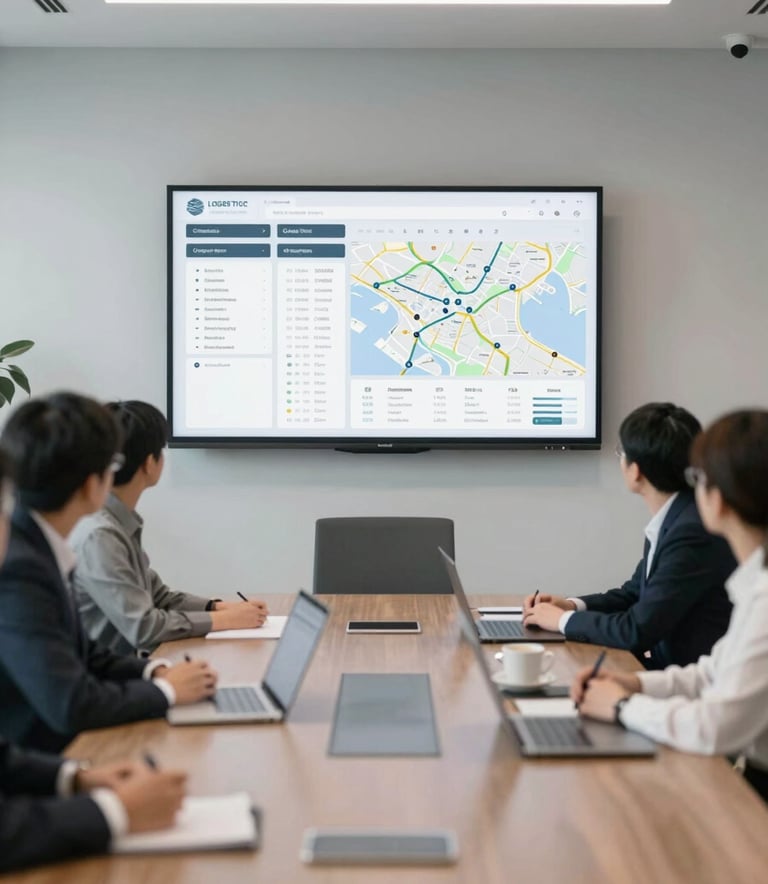 A wide shot of a modern, sophisticated office meeting room. A screen in the background shows logistics data and maps. The atmosphere is professional and trustworthy, with a color palette reflecting #546E7A and #ECEFF1.