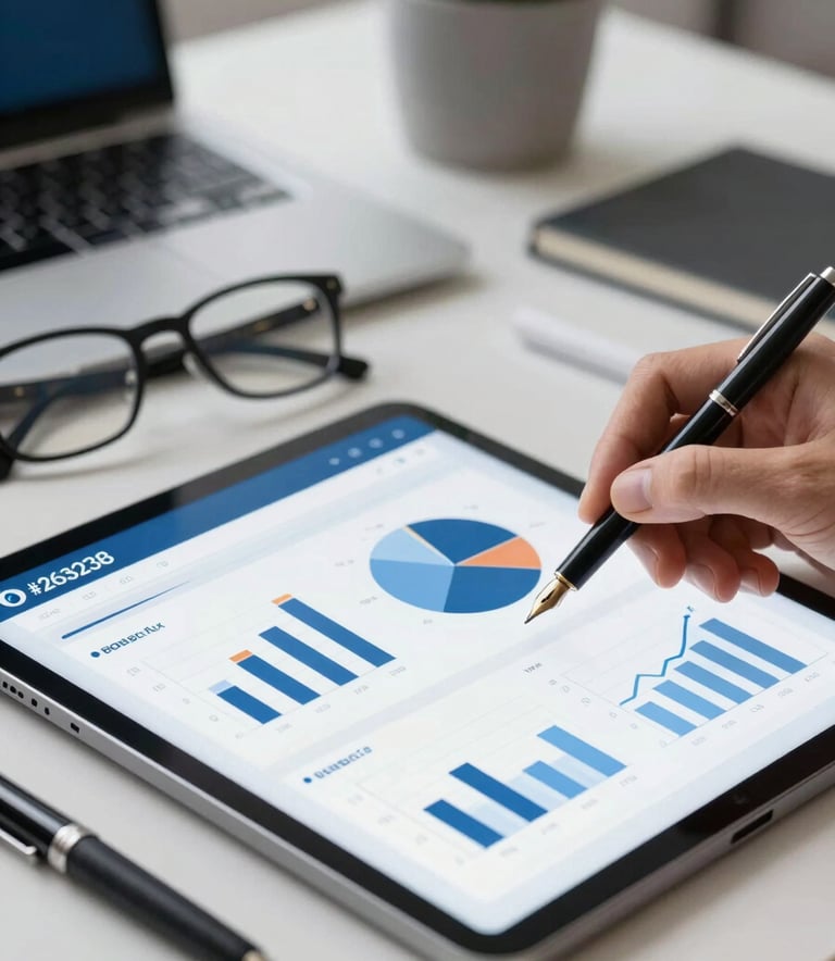 A close-up shot of a professional financial analysis on a digital tablet, with a pair of eyeglasses and a fountain pen on a clean desk. The lighting is soft and corporate, incorporating the brand colors #263238 and #B0BEC5 in the surrounding decor.