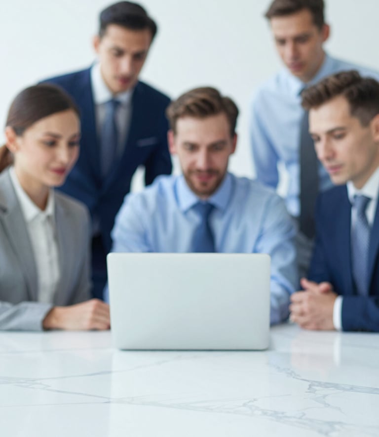 A group of professional business consultants in a blurred background, focusing on a clean marble table with a laptop, conveying transparency and expert guidance, featuring #ECEFF1 and #B0BEC5 tones.
