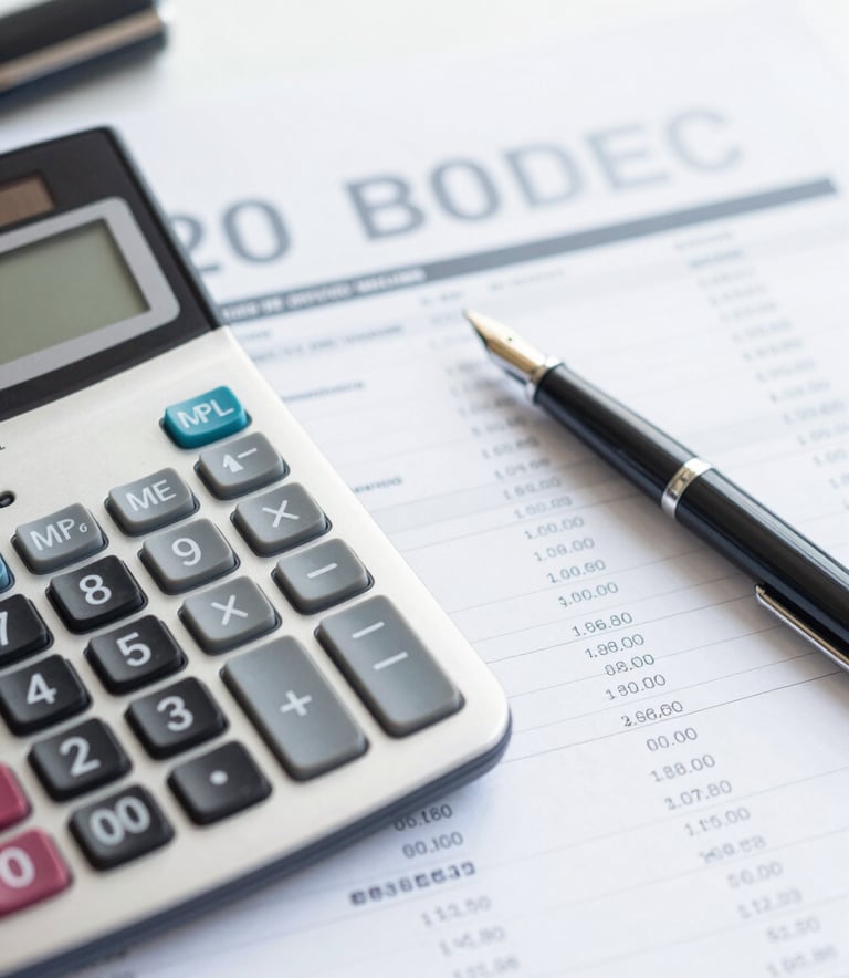 A high-angle shot of a minimalist workspace with a calculator, a fountain pen, and financial spreadsheets, emphasizing precision and professionalism, with color accents in #546E7A and #B0BEC5.