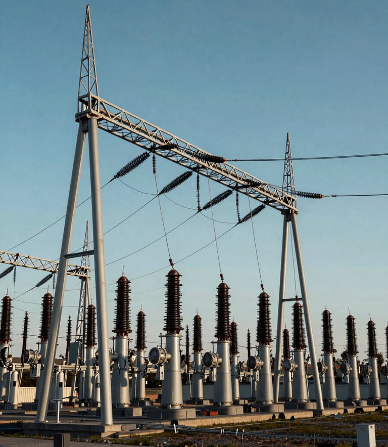 A wide-angle, minimalist industrial photograph of a massive electrical power substation under a clear sky. The structures are clean and well-maintained, with deep navy blue shadows and bright metallic surfaces, reflecting engineering precision and authority.