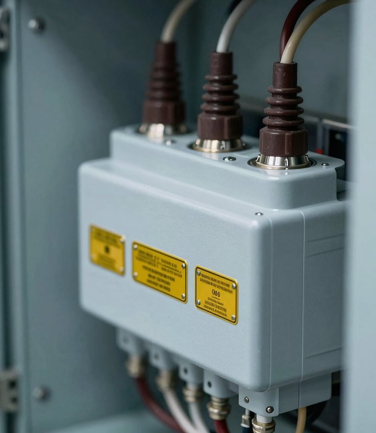 Extreme close-up of high-voltage electrical components and wiring inside a power cabinet, showcasing precision engineering, clean minimalist industrial aesthetic, with soft grey-blue metallic surfaces and security golden yellow safety labels.