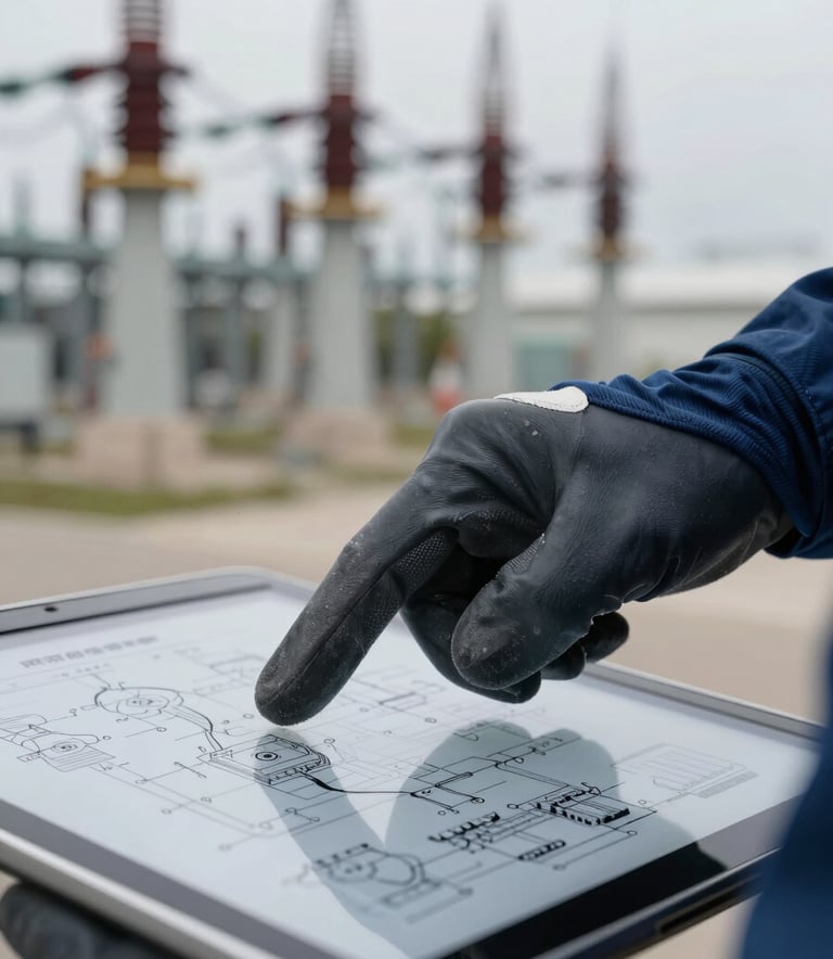 A close-up, high-detail photograph of a professional electrical engineer's hand in a safety glove pointing at a complex technical schematic on a tablet, with a blurred high-voltage substation in the background. The lighting is crisp and industrial, featuring deep navy blue and slate grey tones.