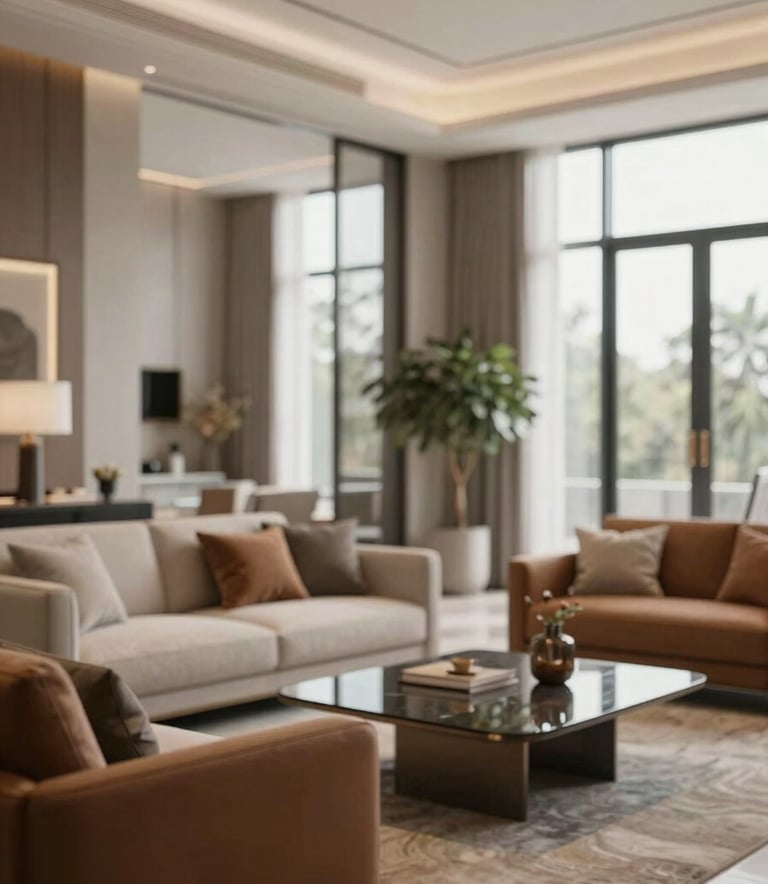 A high-end modern living room with floor-to-ceiling windows, featuring elegant furniture in #8C7E6A and #A38E6D. The atmosphere is warm and inviting, showcasing premium real estate design.