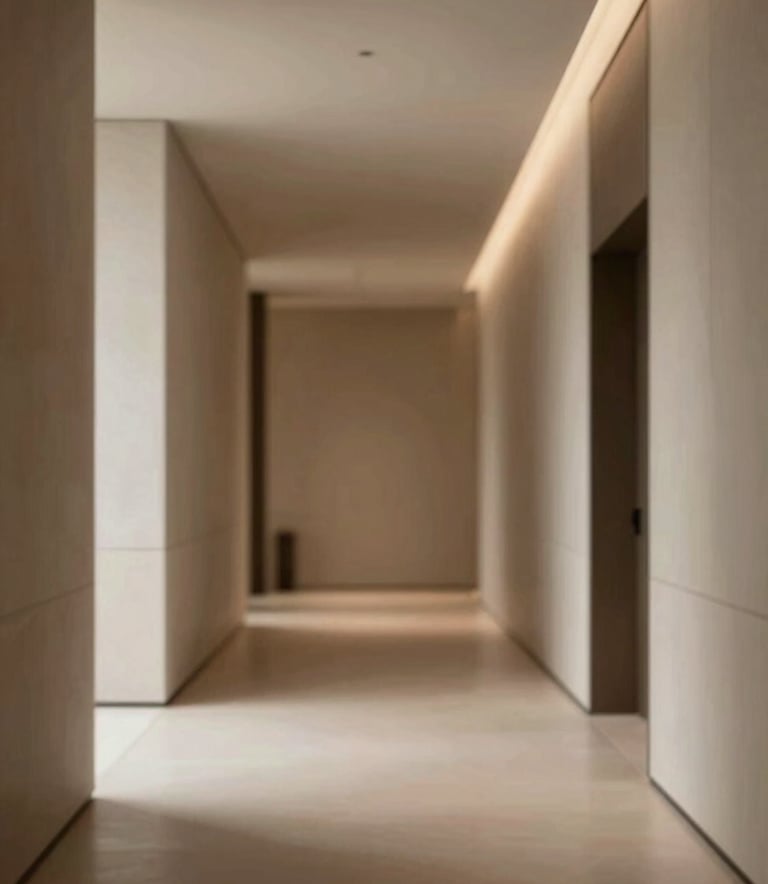 A sophisticated architectural interior showing a minimalist hallway with warm lighting, featuring clean lines and materials in tones of #8C7E6A and #F8F4EC. The style is modern elegance.