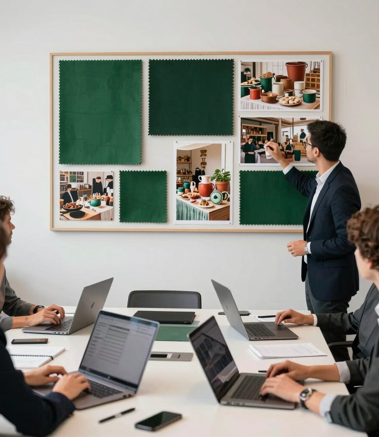 A professional European agency office where a team is planning a social media strategy. A large mood board on the wall features fabric swatches in Matte Forest Green and photography of artisanal markets. Minimalist desks, sleek laptops, and a professional, focused atmosphere.