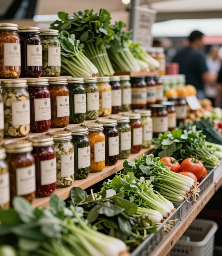 A vibrant display at a high-end North American food market featuring rows of artisanal jars and fresh greens, natural lighting, deep depth of field, sophisticated lifestyle photography.