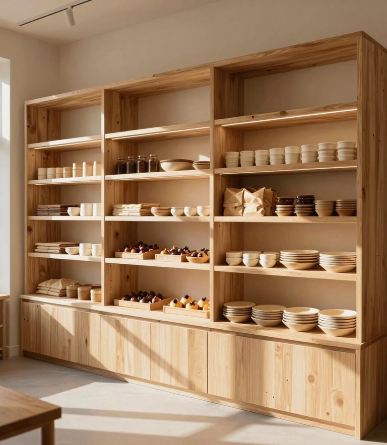 A serene, sun-drenched interior of a modern European artisanal bakery, featuring minimalist wooden shelving and warm parchment tones, professional architectural photography with a cozy atmosphere.