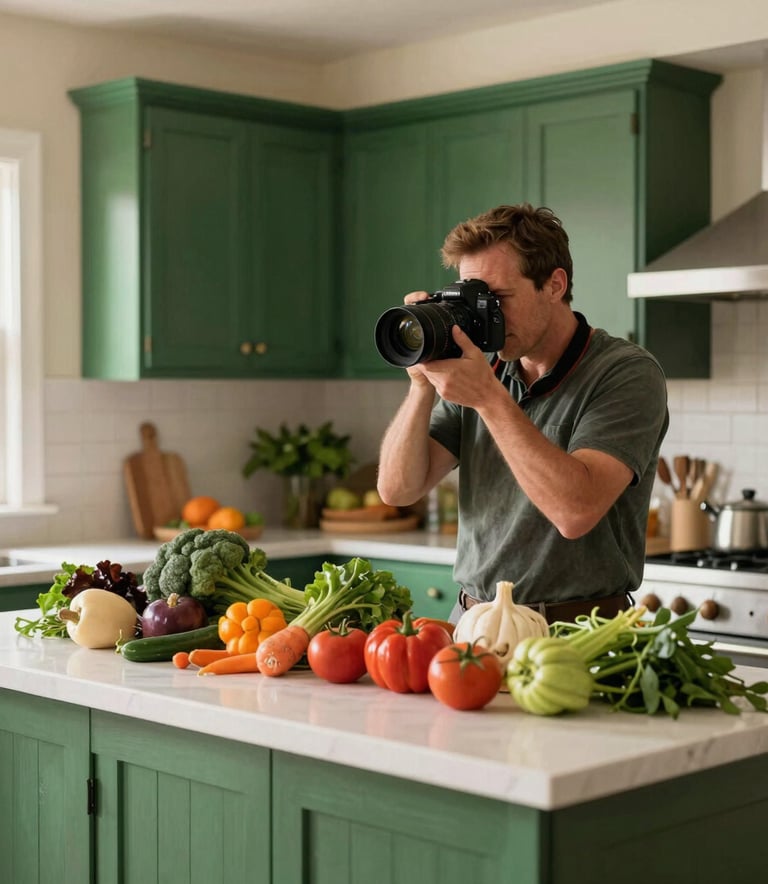 A professional photographer in a sun-drenched North American farm kitchen, capturing high-detail images of fresh seasonal vegetables. The setting features Matte Forest Green wooden cabinets and Crisp Parchment walls.