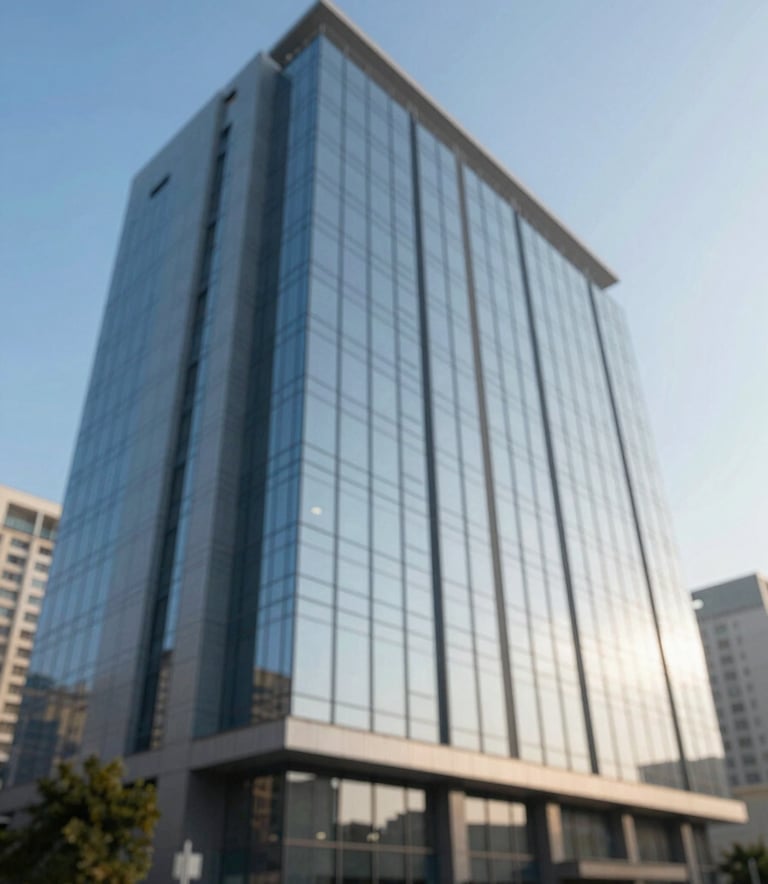 A wide-angle shot of a sleek, modern commercial building in Haryana. The architecture features large glass panels reflecting a clear blue sky (#B1C6D8). The lighting is bright morning sun, emphasizing a professional and sophisticated aura.