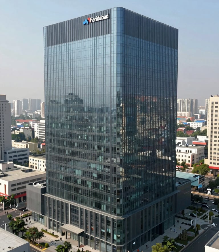 A high-angle, wide shot of a modern glass-facade commercial business park in Faridabad. The lighting is bright and clear, emphasizing the sharp lines of the architecture. The color palette incorporates the deep blues and grays of the brand, reflecting stability and growth.