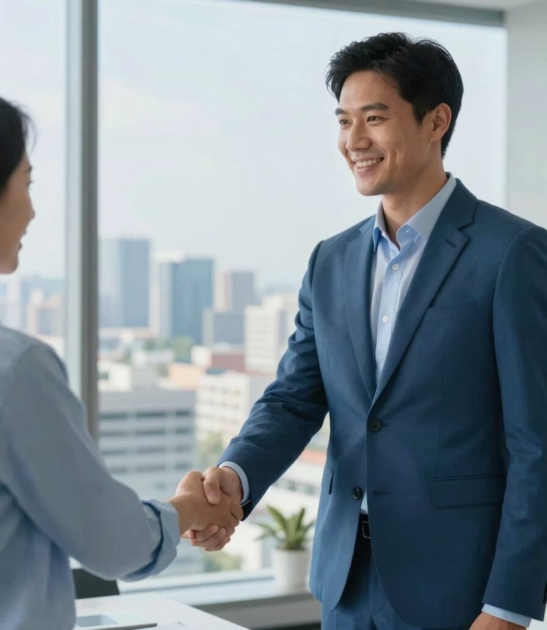 A professional handshake between a consultant and a client in a modern office overlooking a Faridabad cityscape. The scene is bright and airy, incorporating brand colors #4B6A7F and #B1C6D8 in the office decor and sky. The mood is trustworthy and reliable.