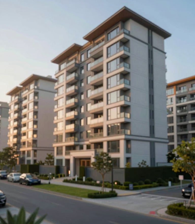 A beautiful, upscale residential apartment complex in Faridabad, featuring modern landscaping and elegant design. The image is captured during the 'golden hour' to provide warm, inviting lighting that contrasts with the professional cool blues of the brand.