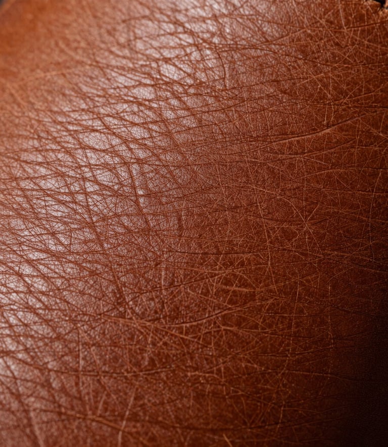 Extreme close-up macro photography of high-quality tanned leather, showing the natural grain and sophisticated texture in an earthy brown shade, representing the quality craftsmanship of a South American manufacturer.