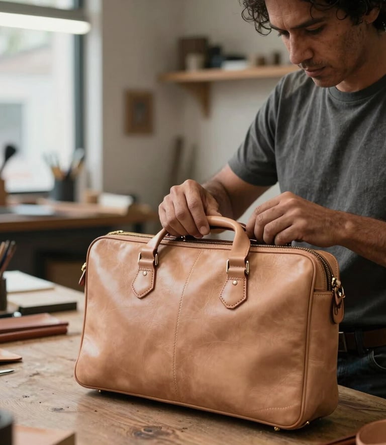 A sophisticated photograph of a South American artisan in a modern workshop, focused on assembling a leather briefcase, soft natural light reflecting off the sand-colored leather material.