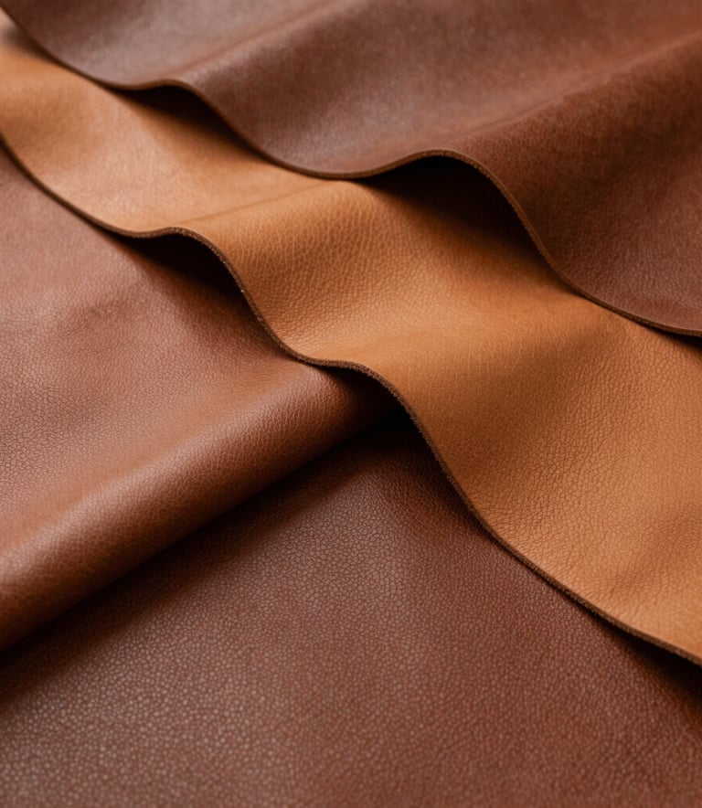 Abstract shot of high-quality leather hides in various brown and tan tones, layered to show texture and thickness. Soft side lighting highlighting the premium material.
