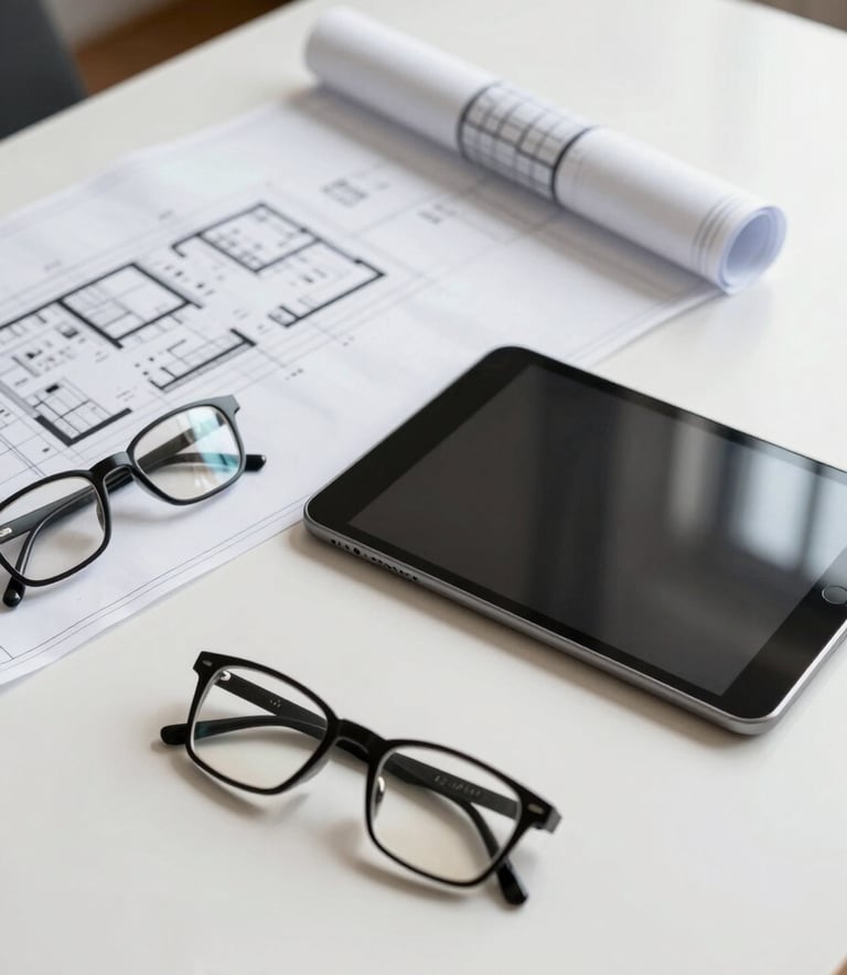 A high-end architectural blueprint spread across a clean white desk next to a modern tablet and a pair of professional spectacles. The lighting is bright and natural, reflecting a soft off-white and deep charcoal black color palette.