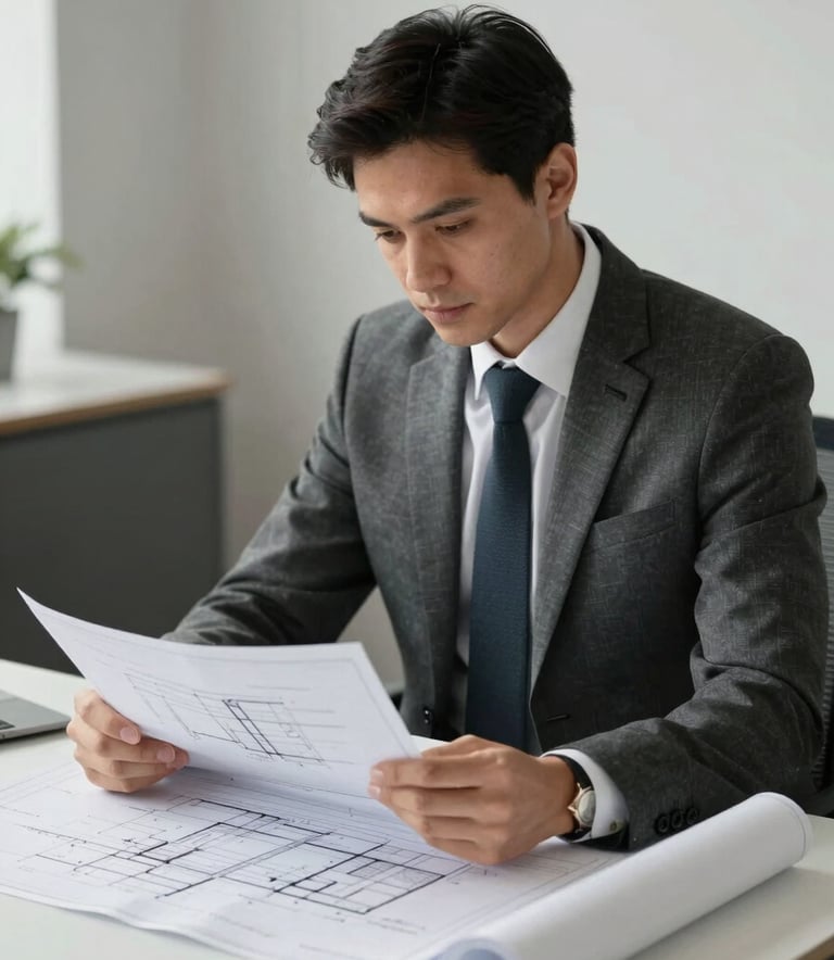 A sophisticated consultant in a charcoal business suit sitting at a modern desk, reviewing structural blueprints with a focused and professional expression.