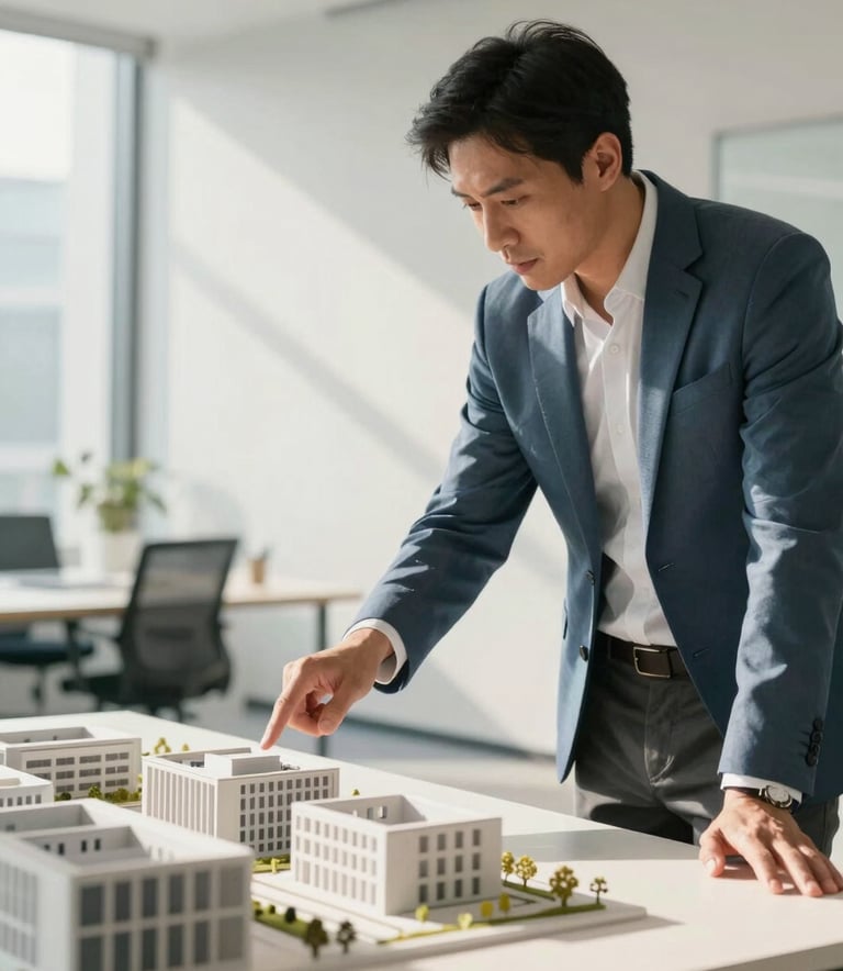 A professional male consultant in a business casual attire pointing at a 3D architectural model in a sunlit, modern office. The scene features soft steel blue and soft off-white tones with a minimalist corporate aesthetic.