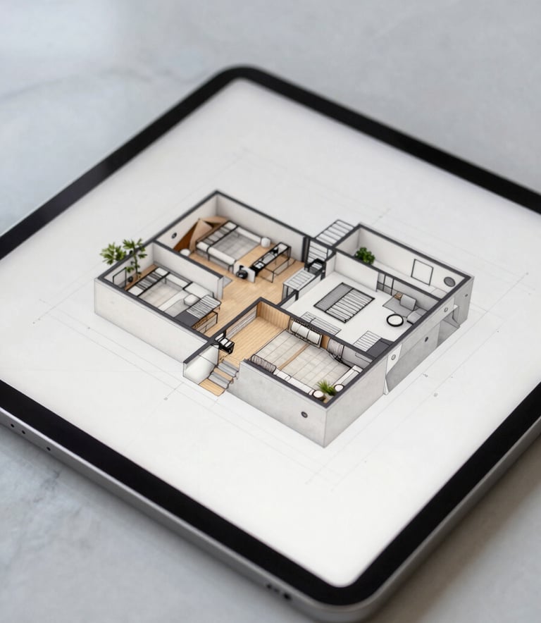 A close-up shot of a high-resolution tablet displaying a 3D architectural remodeling plan, sitting on a light pearl gray marble surface with soft natural lighting.