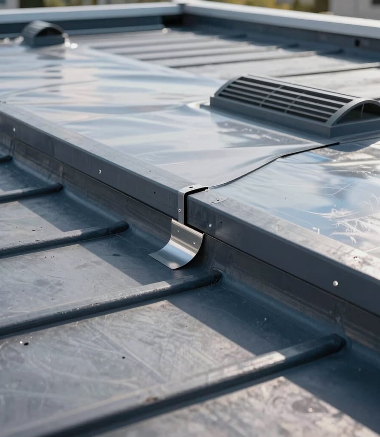 A professional close-up photograph of a modern commercial flat roof installation in North American / US, showing clean layers of industrial roofing membrane and precision flashing around a vent. The lighting is bright and clear, reflecting a professional and expert construction environment with muted blue and gray tones.
