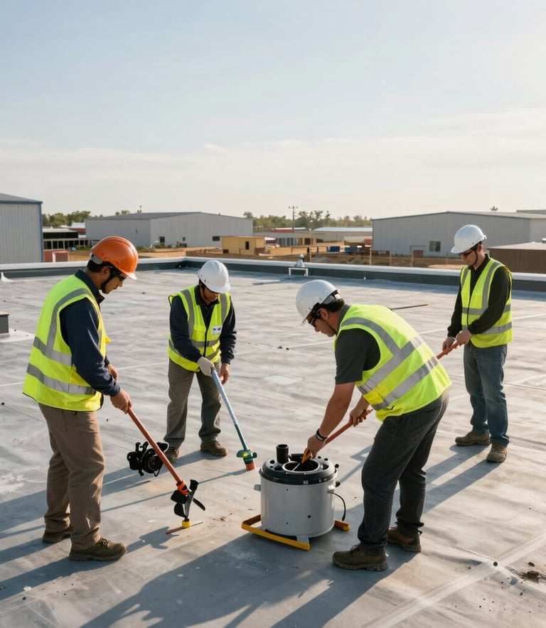 A professional North American commercial roofing team inspecting a large flat roof surface. They are using industrial tools and wearing safety vests. The background shows a clean, organized construction site with industrial buildings under a bright morning sky.