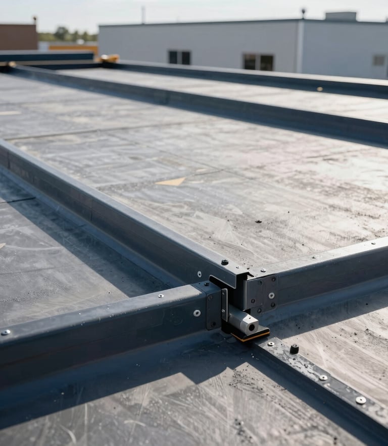 Close-up photography of a durable flat roof installation project on a North American commercial building. Gray and Dark Blue industrial materials are being applied with precision. The style is sharp and focused, showcasing heavy-duty construction quality.